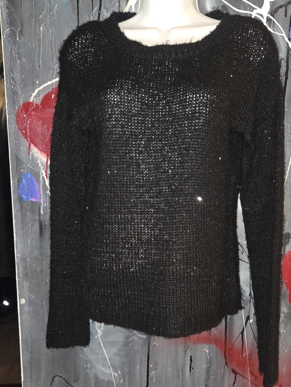 Dolled Up Black Open-Knit Crew Sweater